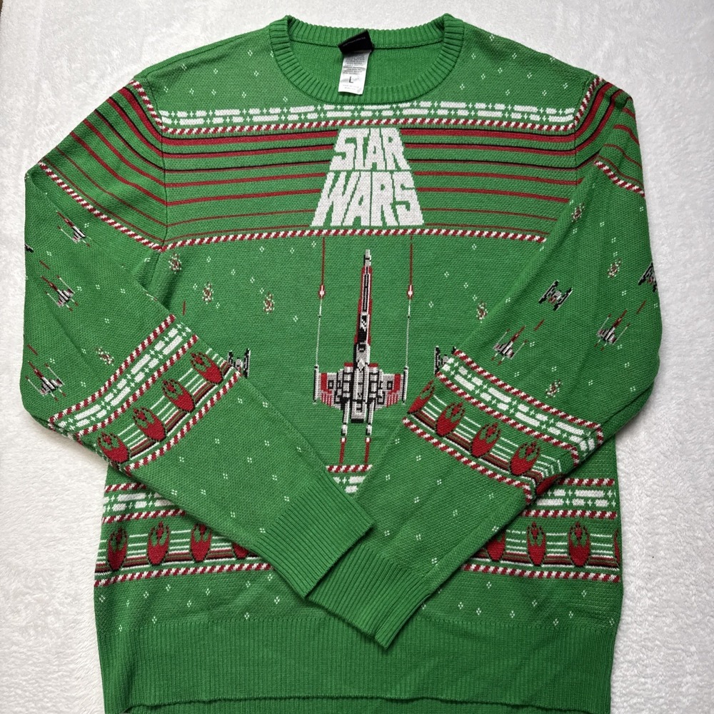Star Wars Ugly Christmas Sweater Size Lg X-Wing Tie Fighter Green White Logo